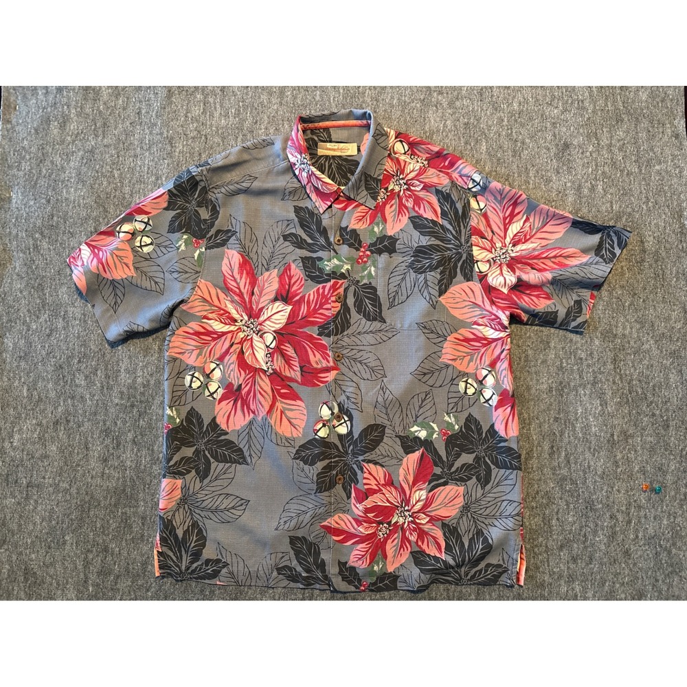 Tommy Bahama Mens Large Silk Christmas Camp‎ Shirt Grey Poinsettia Surfing Santa